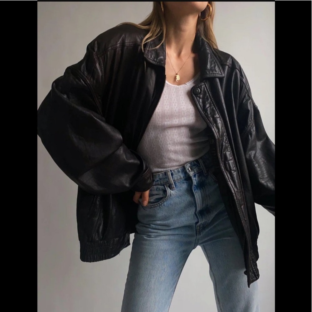 Brand New 90’s Vintage Inspired Oversized Genuine Black Leather Bomber Jacket